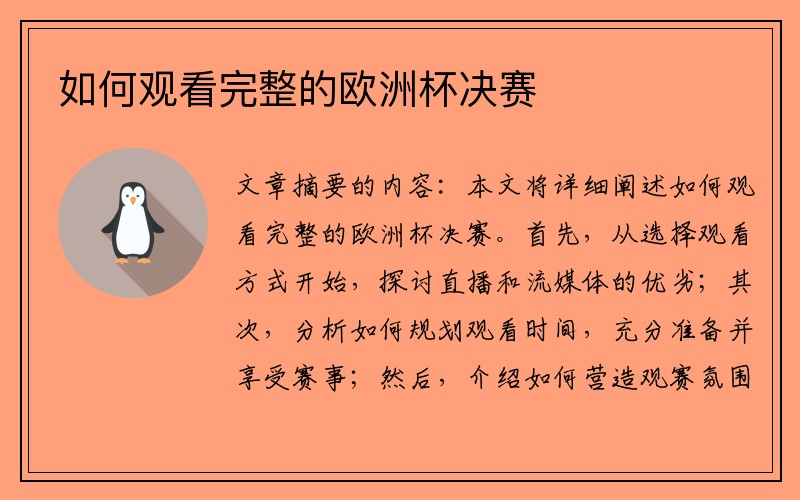 如何观看完整的欧洲杯决赛