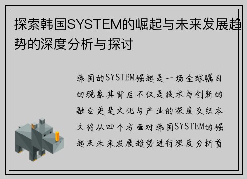 探索韩国SYSTEM的崛起与未来发展趋势的深度分析与探讨