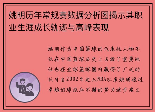姚明历年常规赛数据分析图揭示其职业生涯成长轨迹与高峰表现