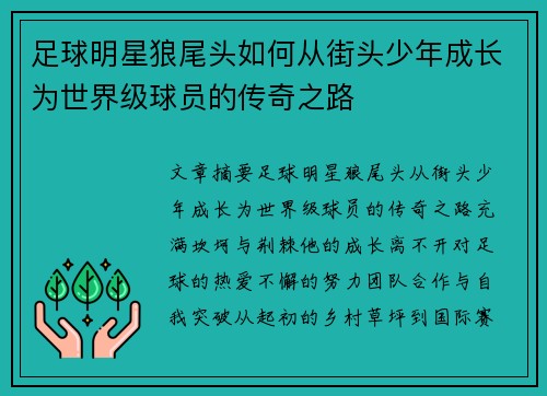 足球明星狼尾头如何从街头少年成长为世界级球员的传奇之路